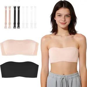 Girls Strapless Bra Teen Bandeau Bras 10-12 12-14 14-16 with Clear Straps Seamless Wireless Non-Slip Kids Tube Top
