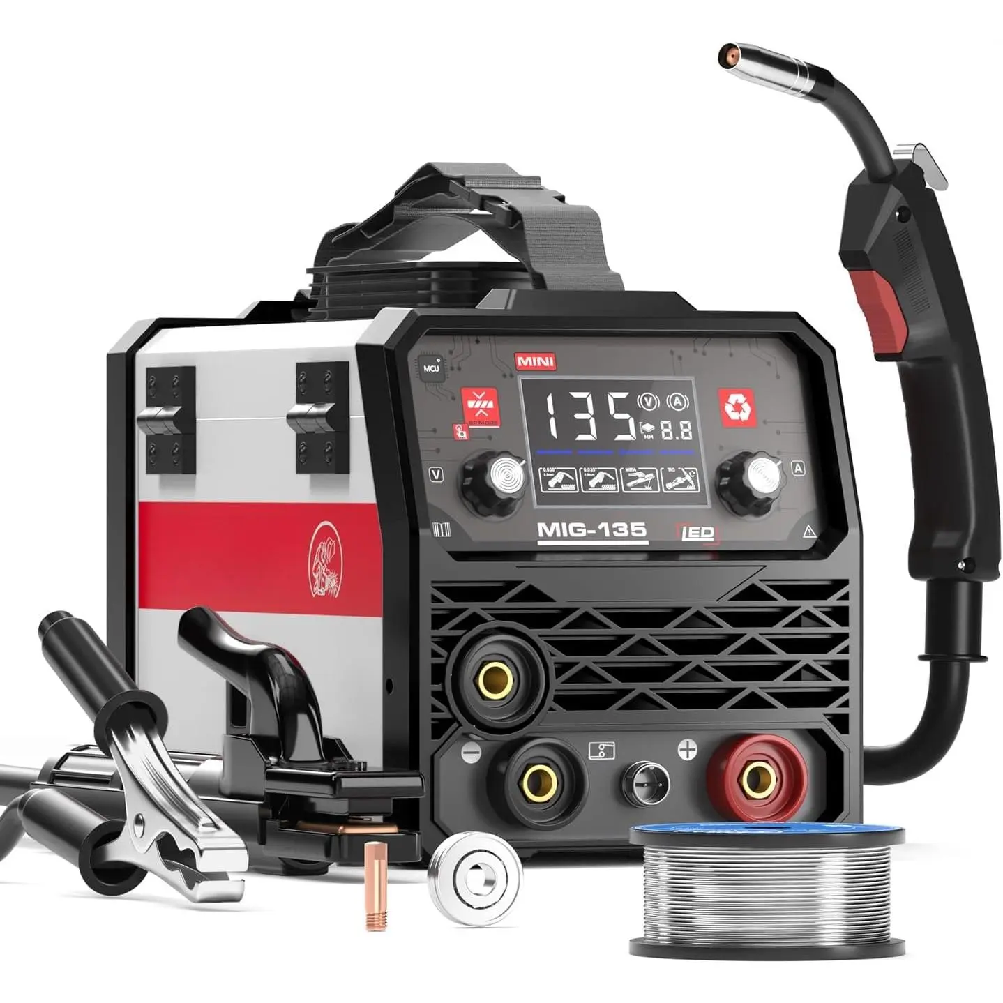 135Amp MIG Welder 110V Portable Gasless Welder Flux MIG/Lift Tig/Stick 3-in-1 Multiprocess Welder LED Digital Display Welding Machine IGBT Inverter Welder
