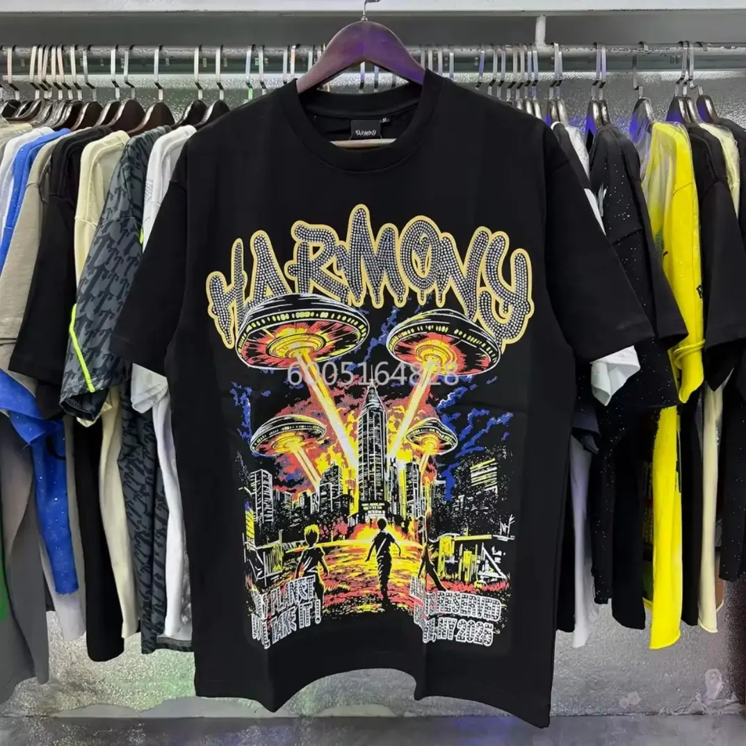Trending HARMONY Rhinestone Graphic T-Shirt Unisex Y2K Streetwear 100% Cotton Heavyweight Oversized Black Tee Diamond Logo Short Sleeve Hip Hop Vintage Casual Top Fashion for Men Women