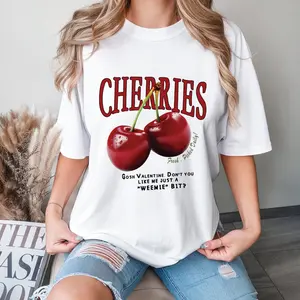 Vintage Comic Style Women’s T-Shirt – Cherry Graphic with “Gosh Valentine Don’t You Like Me Just a Weemie Bit?” Text, Cute Flirty Retro Pattern Top for Summer, Coffee Shop Outfits, Everyday Casual