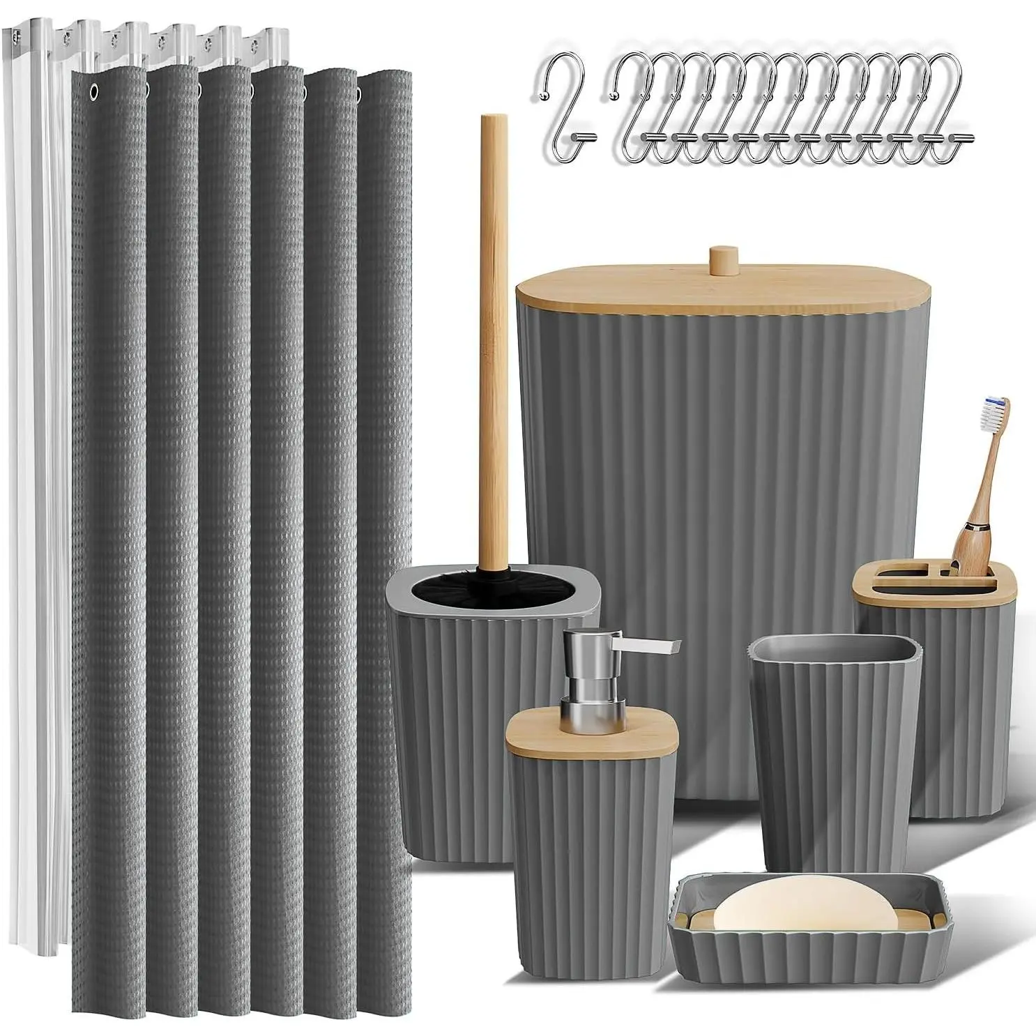 20PC Grey Complete Bathroom Accessories Set - Includes Shower Curtain Set, Toilet Brush, Trash Can & Soap Dispenser
