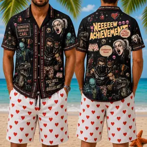 Dungeon Crawler Carl Hawaiian Shirt & Heart Shorts Set, Fan Merch, LitRPG Fantasy Aloha Button Up, Prepotente Desperado Club Outfit