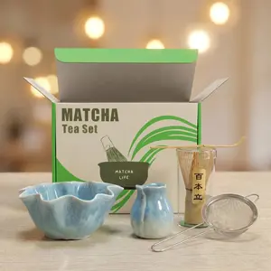 Petal Shape Kiln Glaze Matcha Tea Set, 6Pcs Ceramic Matcha Bowl With Bamboo Whisk Strainer Scoop, Gift Box Packed Japanese Tea Ceremony Kit
