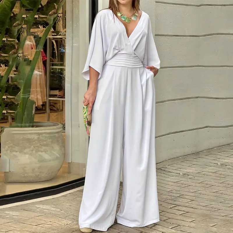 Women's Modest Islamic V-neck Loose-Fit Waist-Cinched Jumpsuit, Trendy New Arrival, Casual Minimalist Elegant Fashion