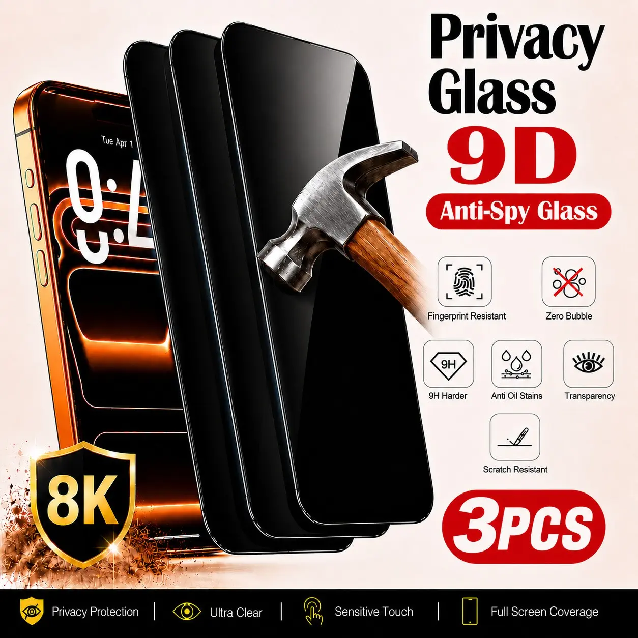 3-Pack 9D Full Screen Anti-Spy Tempered Glass Film for iPhone X/XR/11/12/13/14/15/16/17 Pro Max, 9h Hardness, Oil Repellent, Privacy Protection