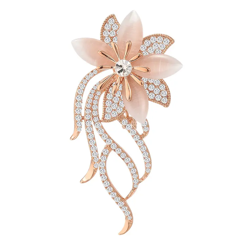 Women's Elegant Orchid Flower Cat Eye Brooch - Brass Metal, Cubic Zirconia Lapel Pin, Luxury Fashion Accessory for Coat, Dress, Special Event