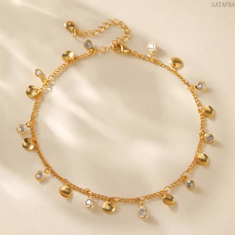 18K Gold Plated Copper Geometric Disc Anklet, Minimalist INS Style Color Retaining Elegant Ankle Jewelry