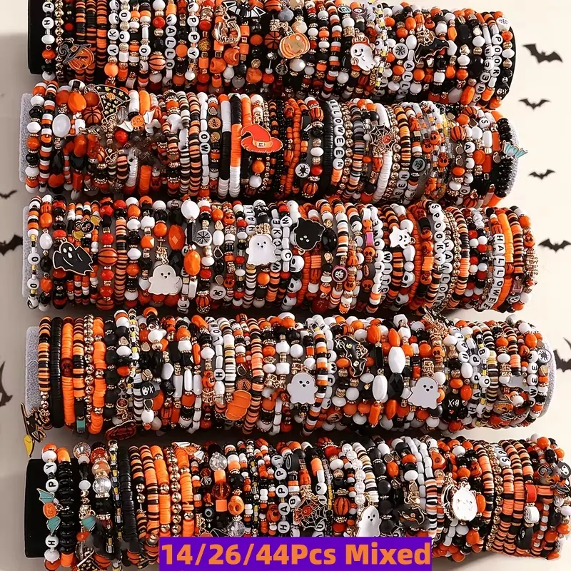 14/26/44pcs Unisex Halloween Chain Jewelry Bracelets & Bangles Set, Featuring Quirky Spider and Bat Charms, Ideal for Holiday Celebrations and Gifting to Loved Ones, Yes, Mixed