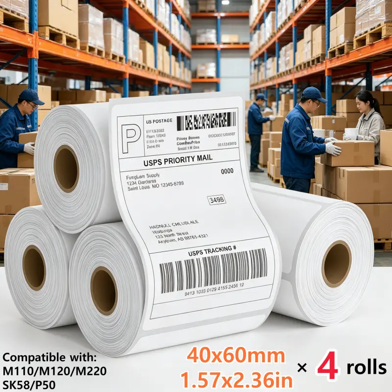 4-pack thermal shipping labels - permanent adhesive, waterproof, easy peel and stick, no ink or toner. Compatible with Brother, Phomemo, MUNBYN, etc. Ideal for mailing and logistics.