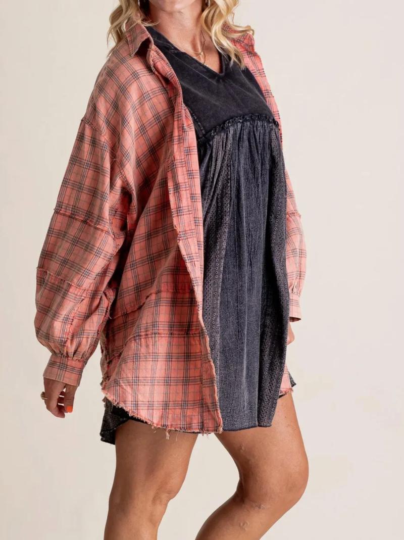 Women's Autumn and Winter New Frayed Lantern Sleeve Loose Button Plaid Shirt Top Womenswear
