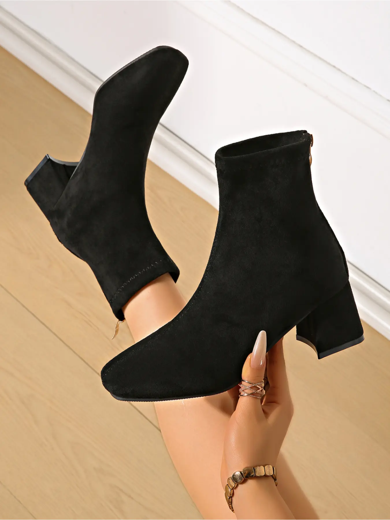 Women Stretch Faux Suede Square Toe Ankle Boots Back Zipper Mid Block Heel Slim Fit Elastic Short Booties For Office Daily Street Party