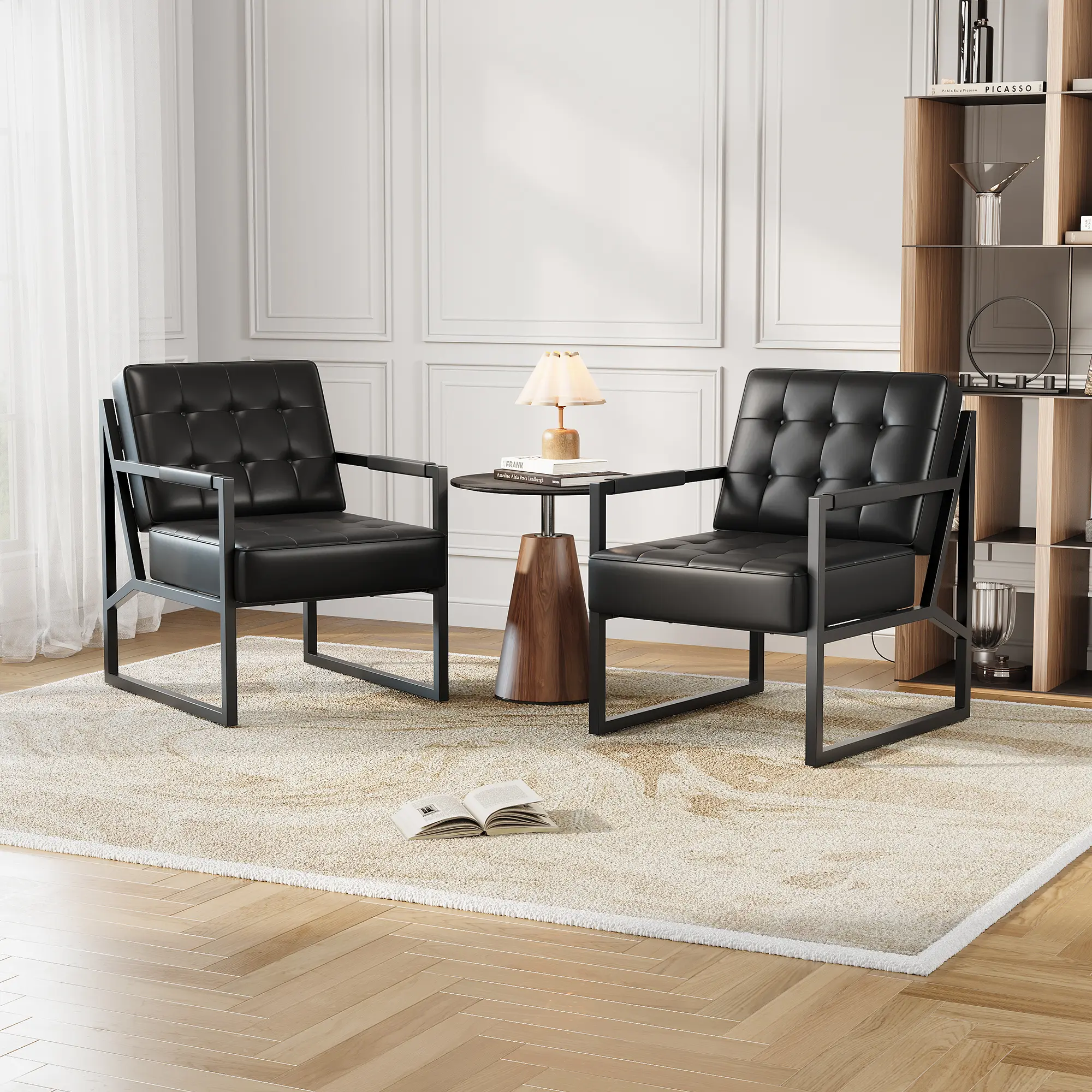 Mid Century Modern Accent Chairs – Black PU Leather Armchairs – Comfortable Thick Cushion, Sturdy Metal Frame – Stylish Lounge Seating for Living Room, Bedroom, Office, Reception