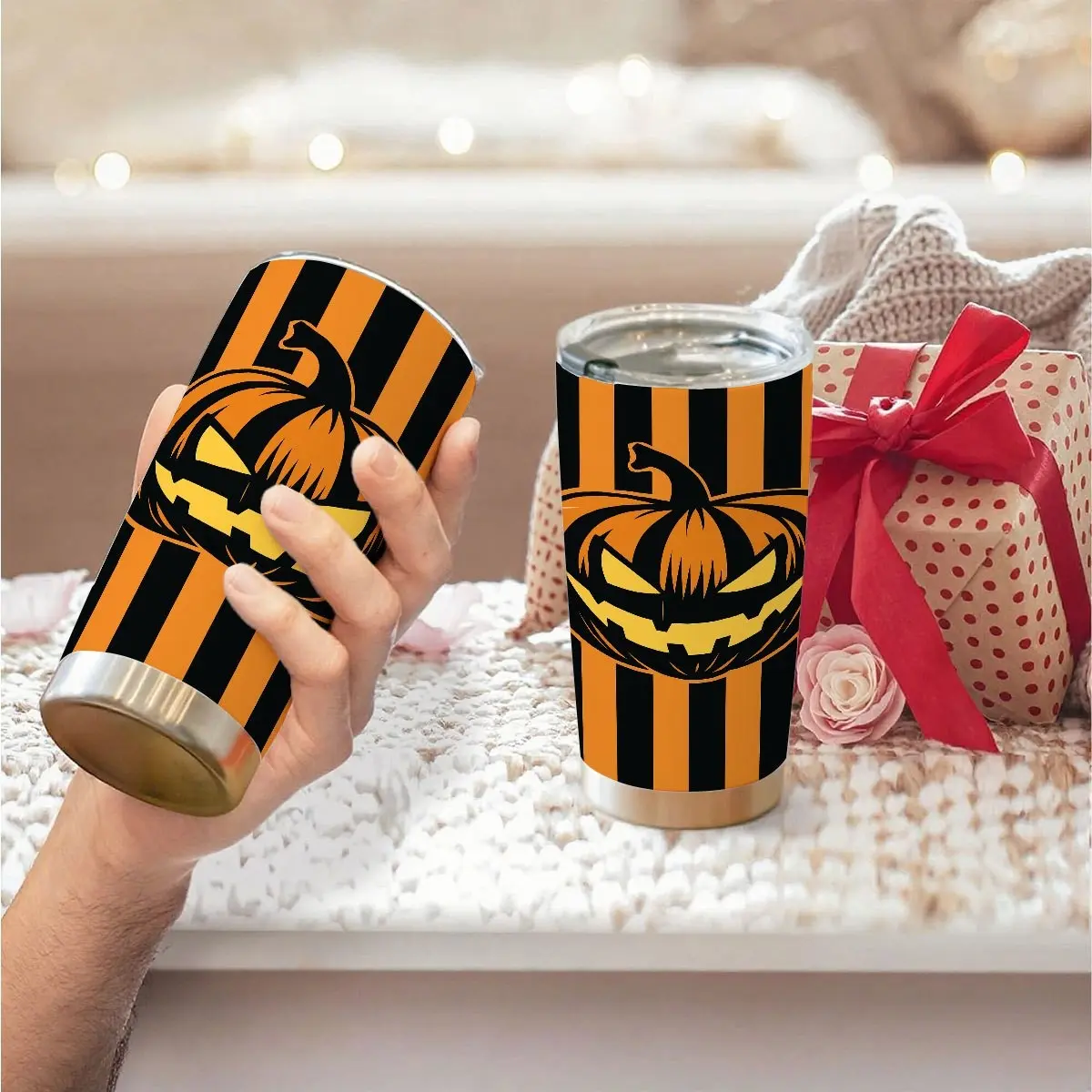 20 oz Halloween Pumpkin Tumbler, Stainless Steel Insulated Travel Cup with Lid, Spooky Jack-o-Lantern Gift for Halloween Parties, Coffee and Daily Use