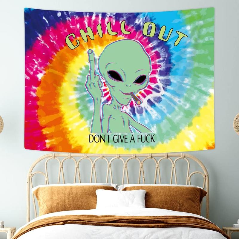 Trippy Fun Alien Tapestry Weed Marijuana Smoking Wall Tapestry for Bedroom, Psychedelic Tie Dye Stoner Tapestries for Men Aesthetic Hippie Wall Art Poster Dorm Home Decor. Multiple sizes are available for selection.