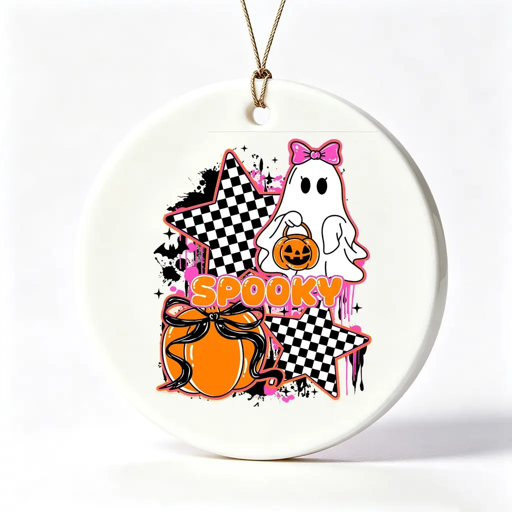 3 Inch, Spooky Halloween Style, Ceramic Ornament, Cute Ghost With Pumpkin And Checkered Star Design, Hanging Decoration For Holiday Home Decor