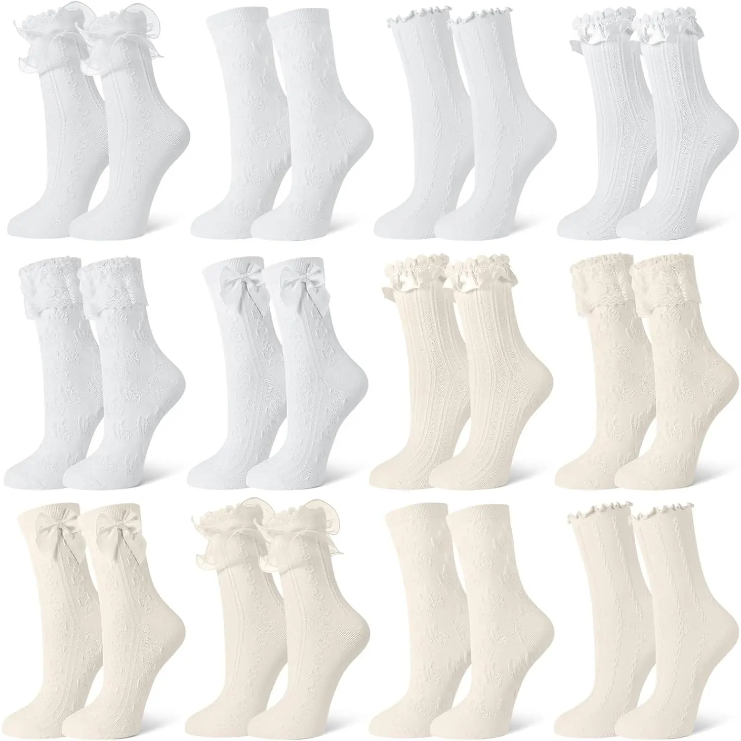 Women's Lace Ruffle Crew Socks – Cute Frilly Socks with Bow, Breathable Cotton Princess Sock for Mary Janes