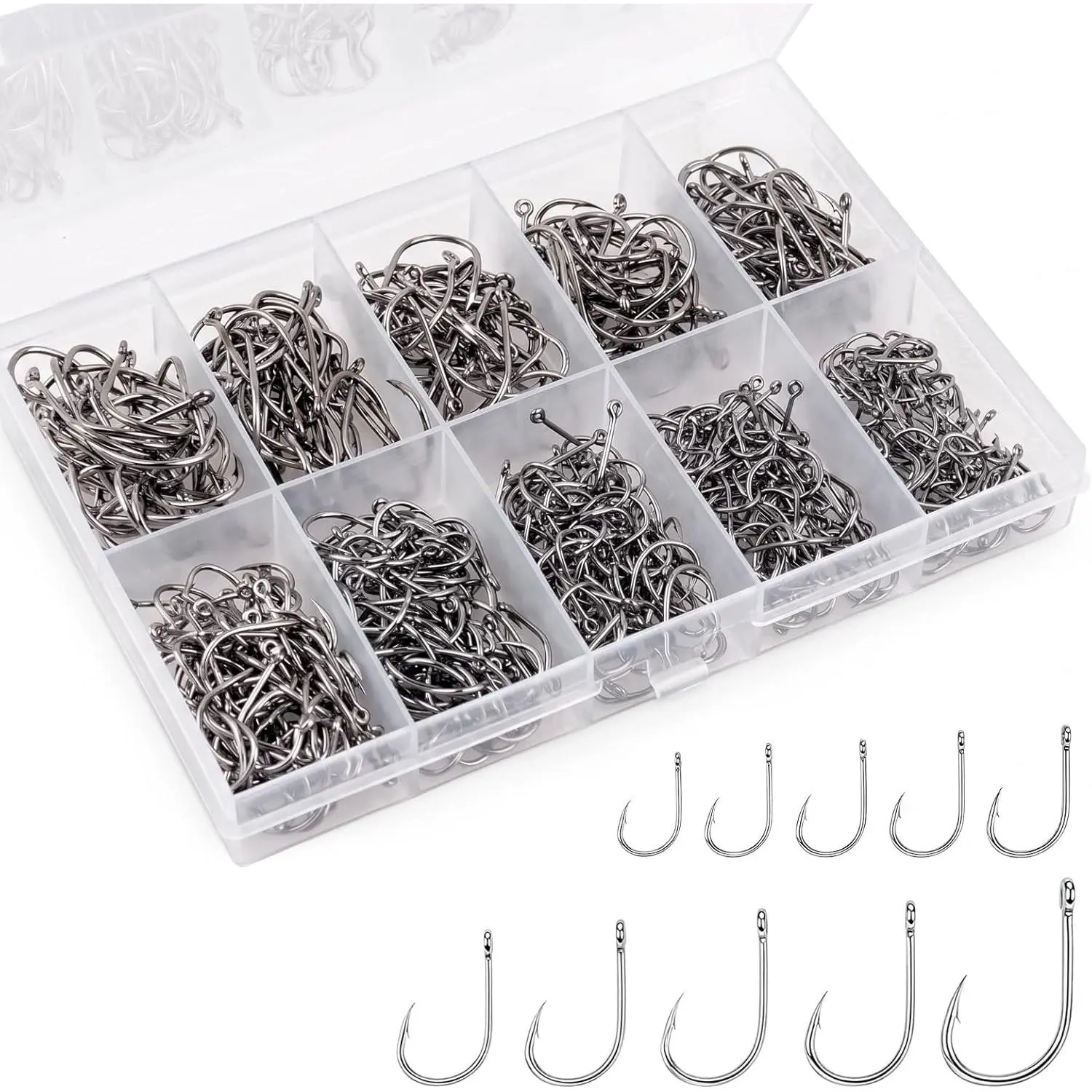 500 count Barbed Fishing Hooks, 10 Sizes High Carbon Steel Fish Hooks, High Strength &  Point with Plastic Storage Box, Suitable for Freshwater & Saltwater