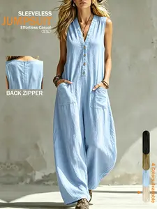 Women's Lightweight Fit V-Neck Romper, Summer Linen-Like Breathable Sleeveless One-Piece, Comfortable and Stylish Casual Wear