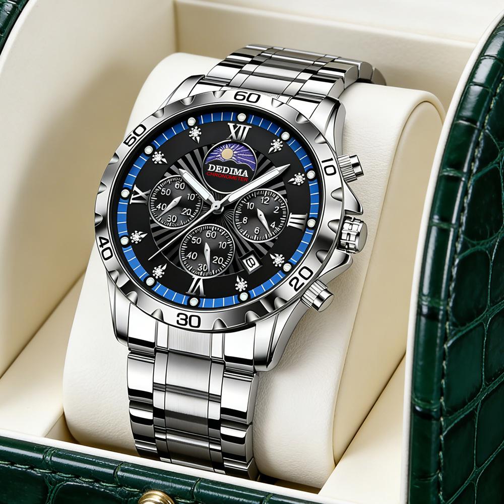 Men's Quartz Watch PE903 Movement 42mm Dial Luminous Display Calendar Moon Phase 30M Waterproof Stainless Steel Strap Business Style Hot-Selling Item