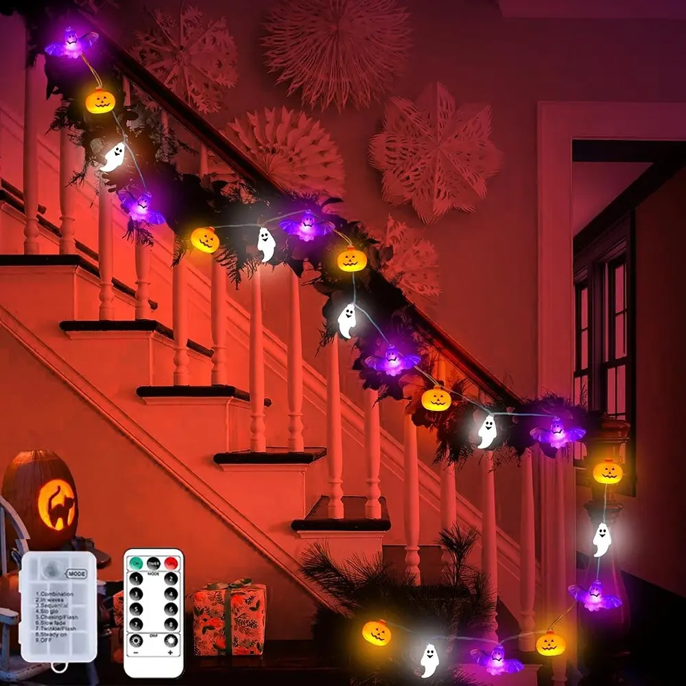 1PC Halloween Lights, Halloween Ghost Bat Pumpkin String Lights，16.4FT 30 LED Pumpkin Bat Ghost Battery Operated Orange and Purple String Lights Strobe 8 Lighting Modes Timer Fairy Indoor Outdoor Window Front Porch Decor Party Decorations
