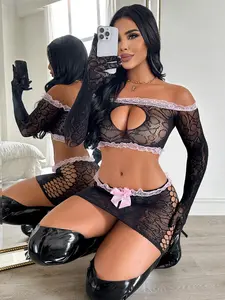 🎀Sexy Black Lace 2-Piece Lingerie Set with Pink Bow – Off-Shoulder Cutout Top & Sheer Mini Skirt for Valentine's Day or Boudoir.🎀