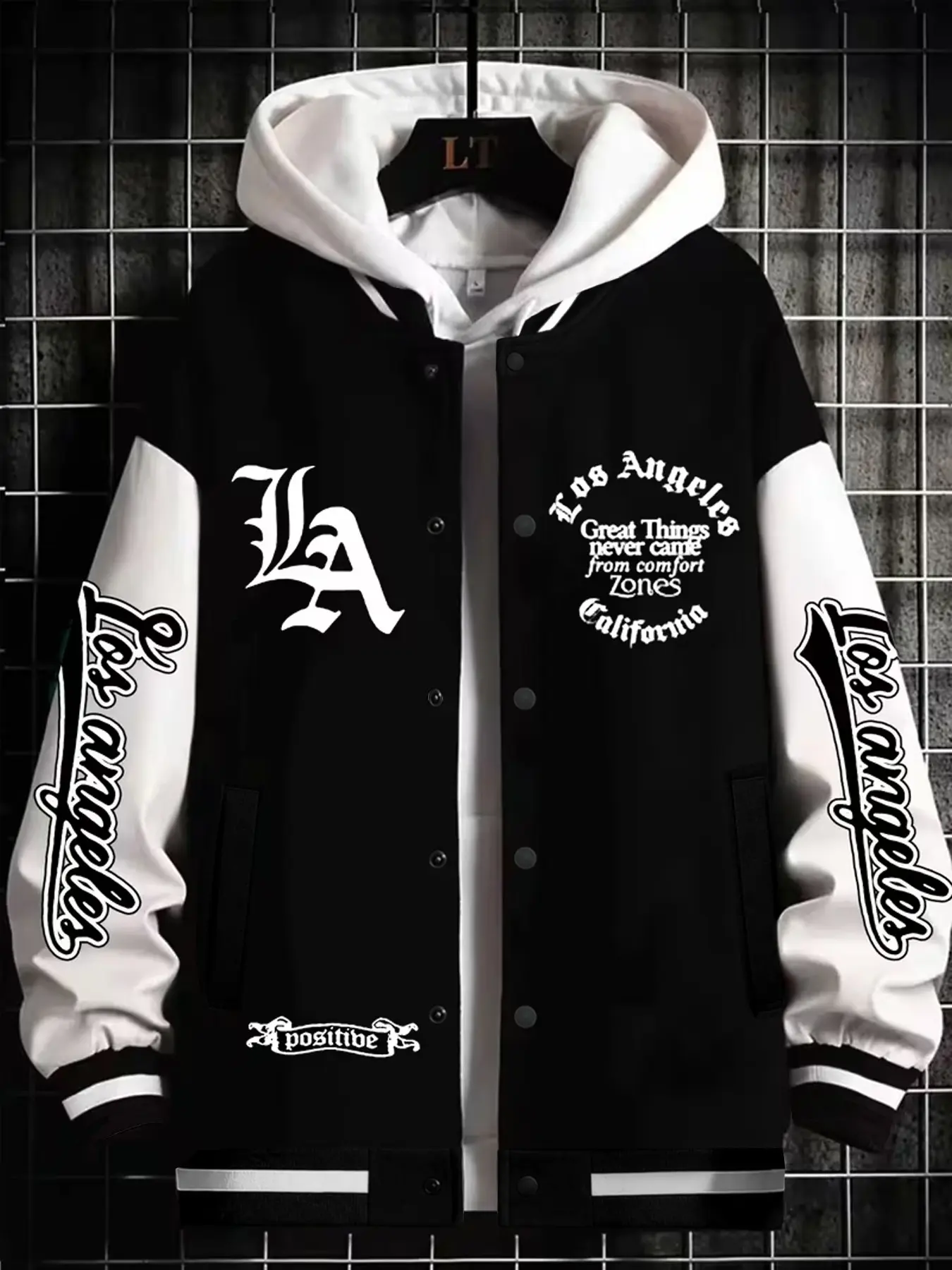 Men's Fall Winter Patchwork Baseball Jacket, La Letter Print Coat, Casual Fitted Style, Perfect Gift for All Seasons