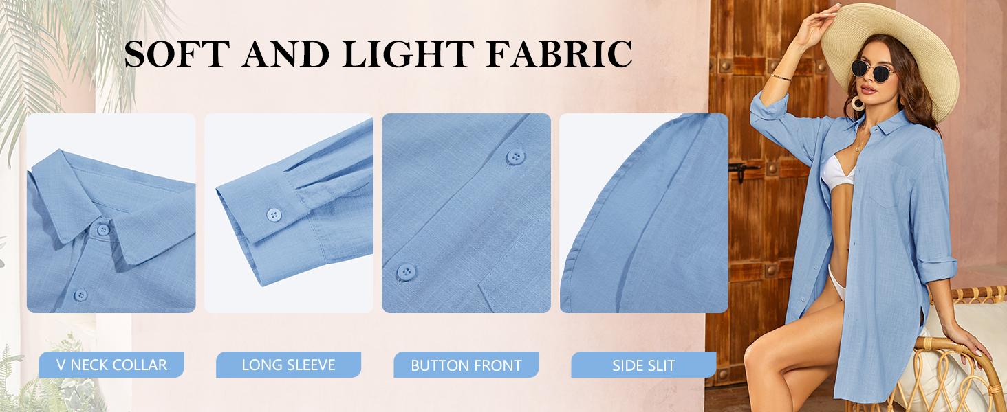 Saodimallsu Womens Button Down Shirts Linen Cotton Long Sleeve Blouse Tunic Tops Cover Up Shirt Loose Beach Bikini Dress