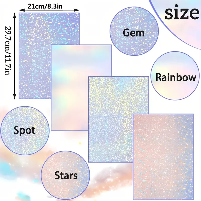 Holographic Laminated Paper A4 Size - Transparent Self-Adhesive Stickers, 20-Pack Transparent Waterproof Laminated Stickers - Gem, Spot, Rainbow, Star Patterns, 5 of each style