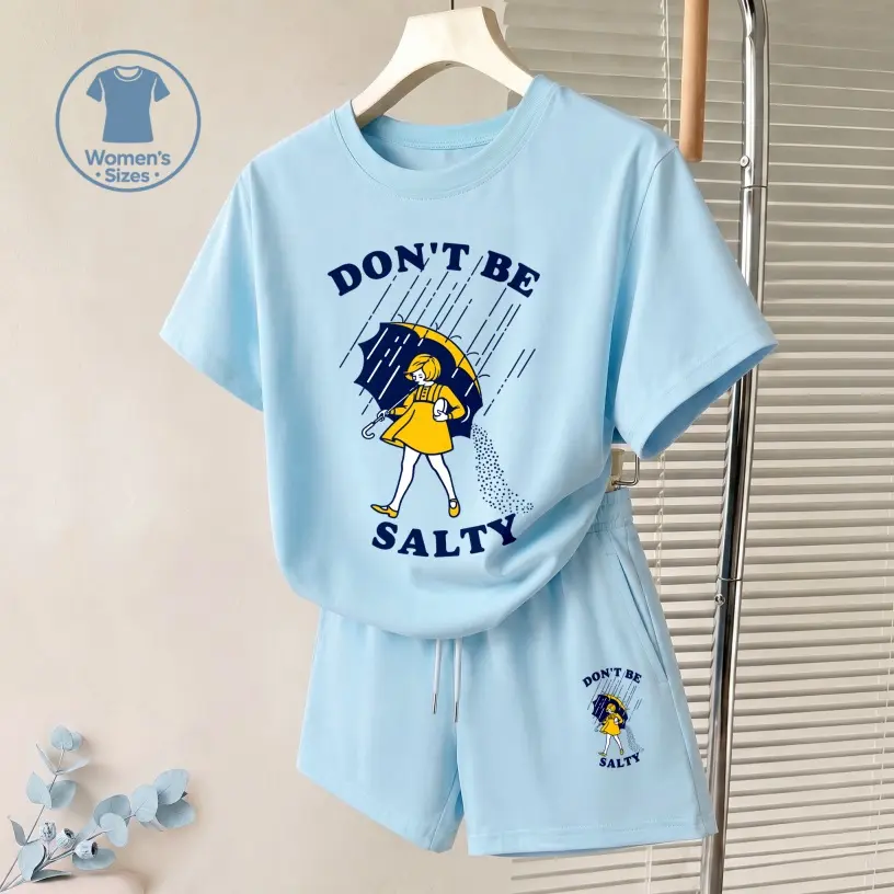 Women's Don't Be Salty Graphic Short Sleeve T-Shirt And Shorts Set, Casual Summer Two-Piece Outfit With Crew Neck Top And Drawstring Waist Shorts For Daily Wear