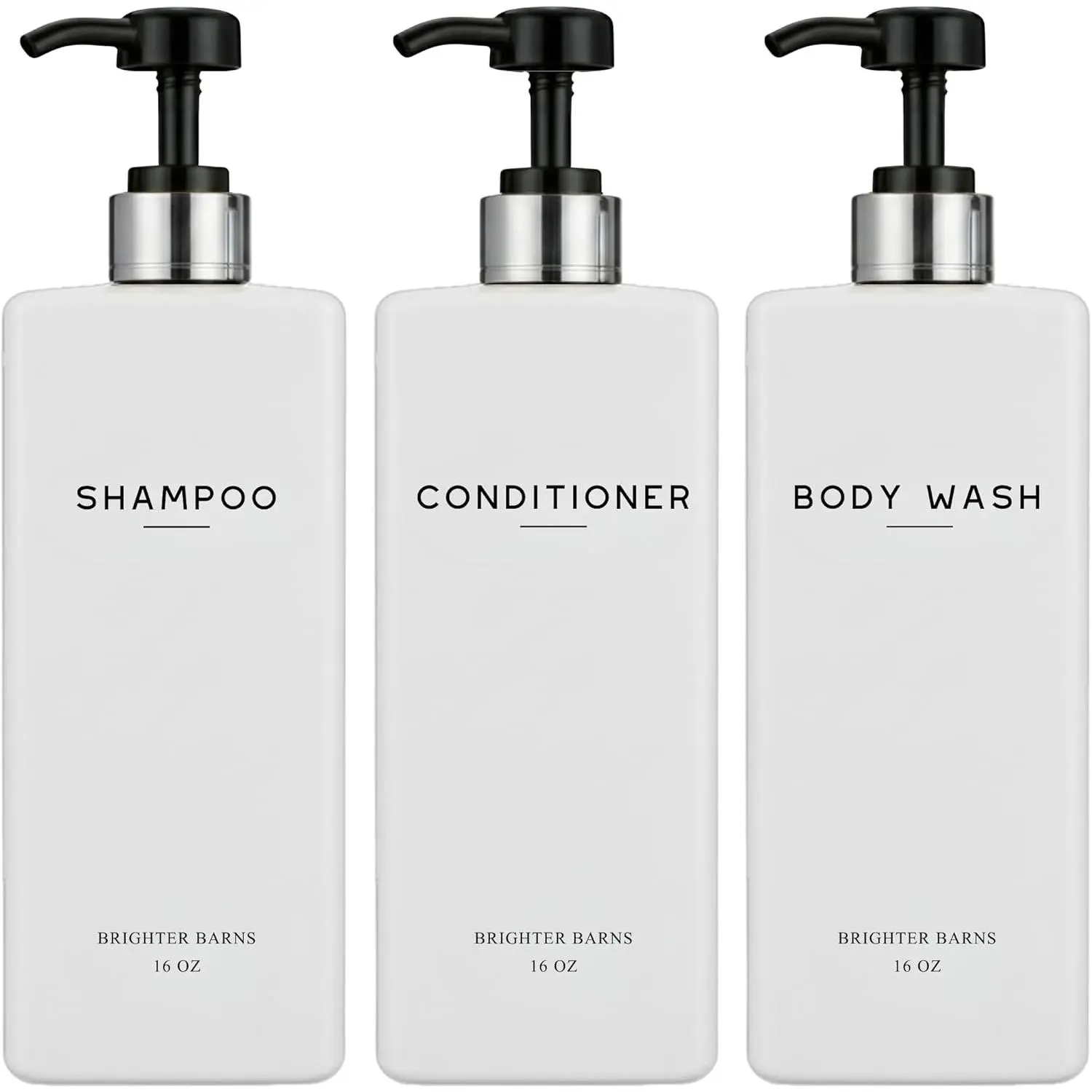 White Shampoo and Conditioner Dispenser Set by Brighter Barns - Refillable Shower Soap Bottles - Empty Body Wash Dispenser - Neutral Home Decor for Shower, Guest Bathroom, Airbnb, Spa (White Silver)
