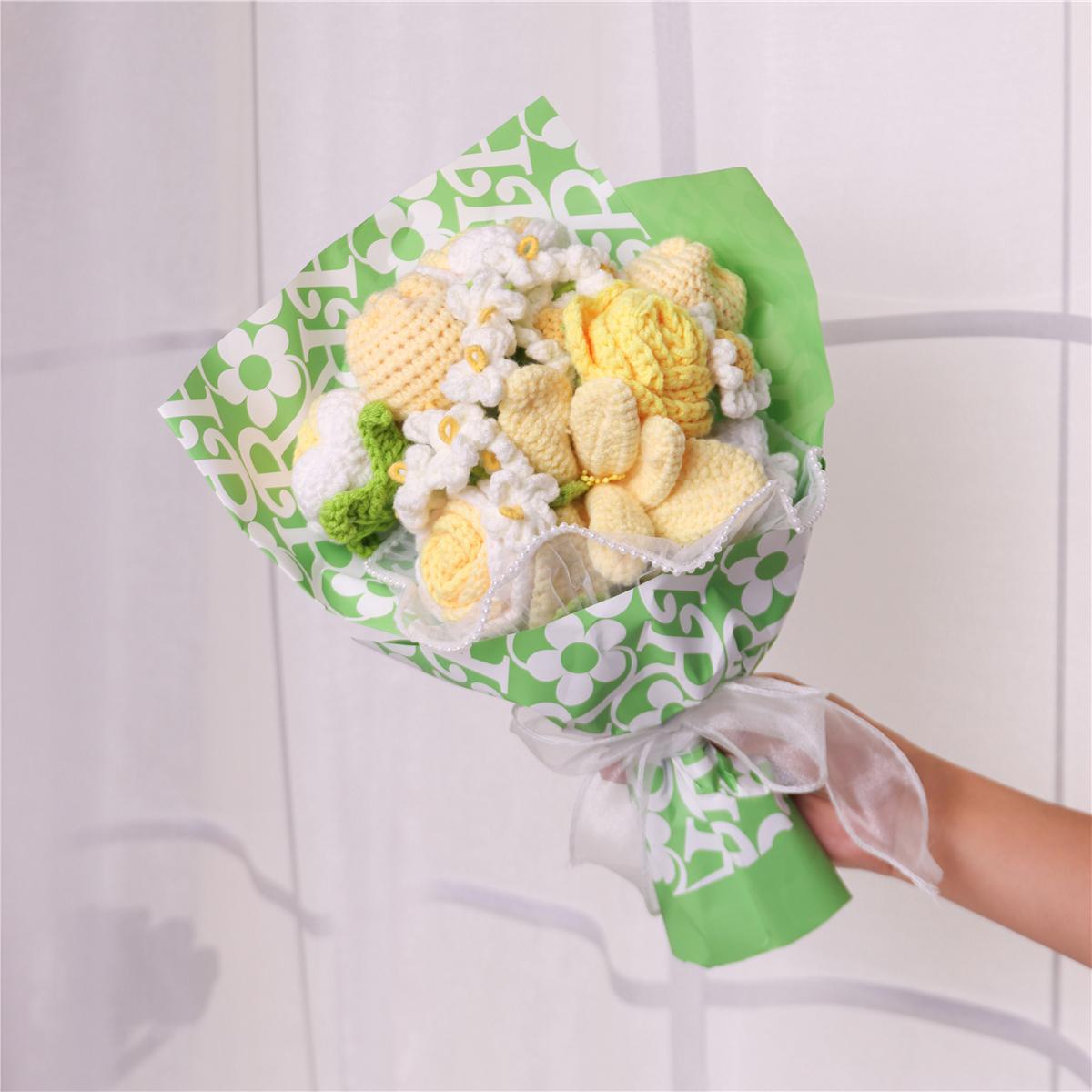 Handmade Crochet Flower Bouquet, 1 Bunch Decorative Artificial Flowers for Home Decor, Weddings, Parties & Anniversaries, Perfect Gift for Valentine’s Day, Birthday, Mother’s Day & Thanksgiving, Fake Flower