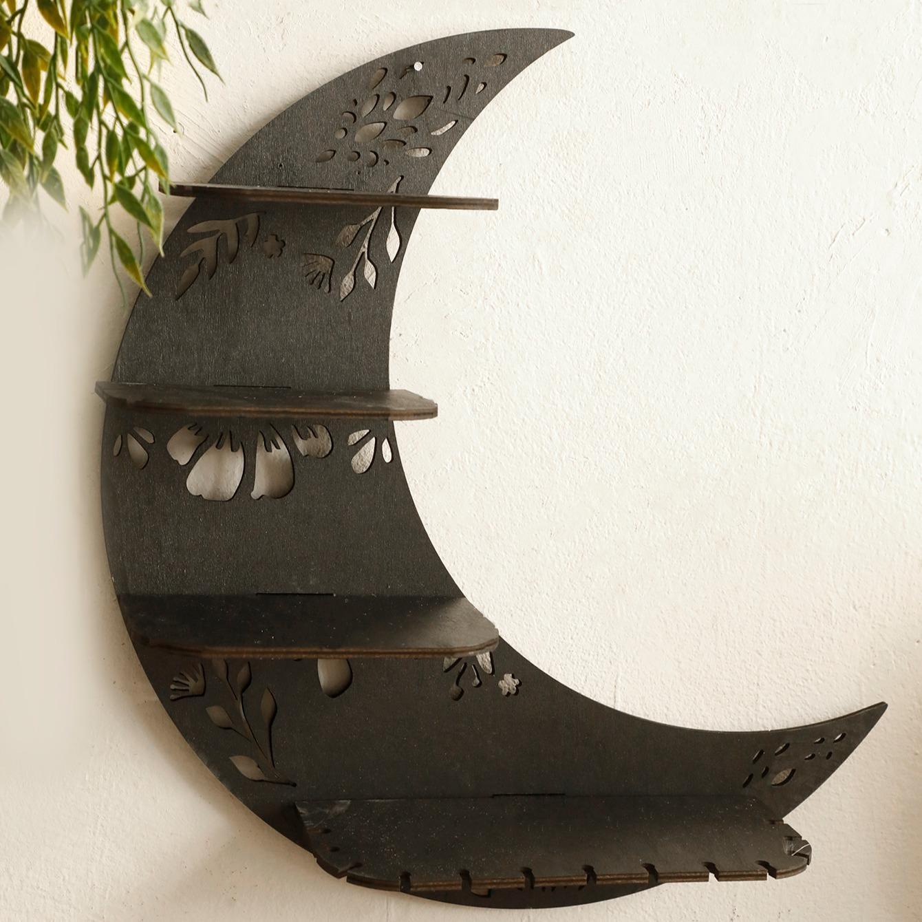 Moon Shaped Wall Mounted Shelf, 1 Count Wooden Wall Hanging Storage Rack, Wall Mounted Holder, Wall Mount Design, Wall Decor for Home Interior Living Room Bedroom, Home Decor, Decorations Supplies