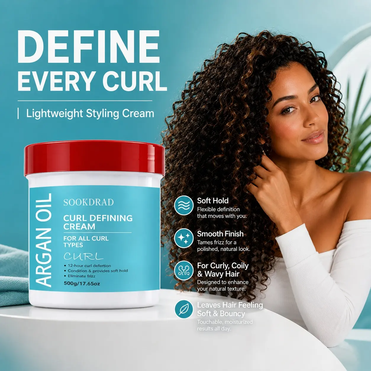 Argan Oil Curl Defining Cream, anti-frizz, soft hold, 12-hour curl definition, conditions hair, for all curl types, 500g/17.65oz