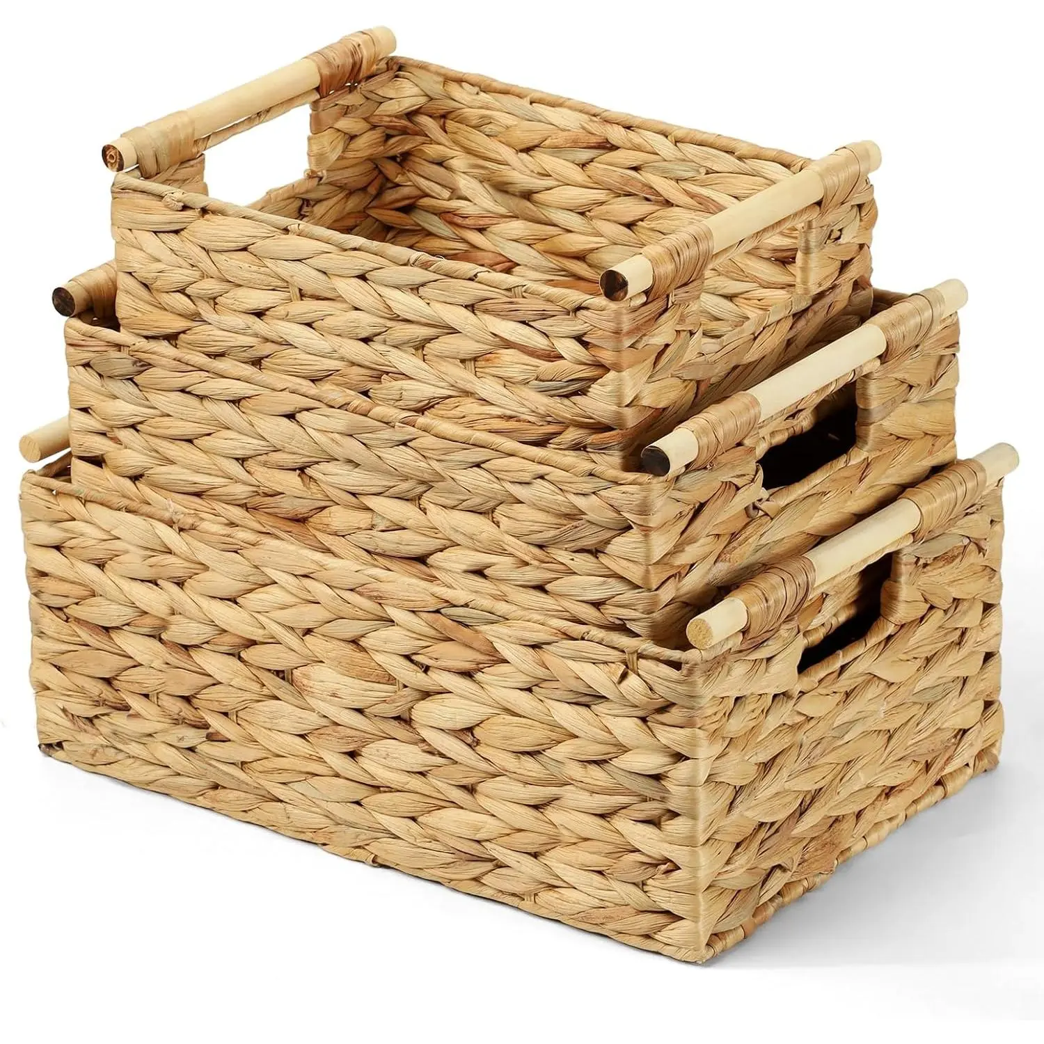 Wicker Storage Baskets for Organizing 3 Pack, Water Hyacinth Ratten Baskets with Wooden Handles, Decorative Handwoven Storage Baskets for Shelves, Bathroom, Pantry or Kitchen