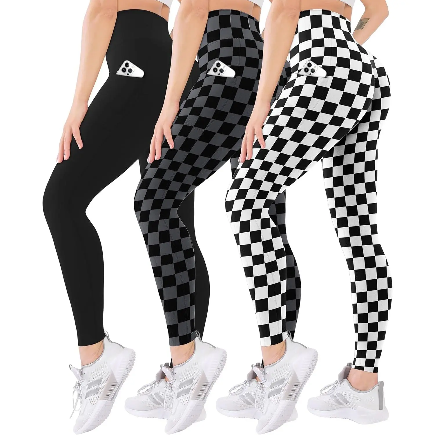 Blisset Women's 3-Pack High Rise Full Length Leggings, Poly-Spandex Activewear with Pockets, Tummy Control for Yoga, Running & Daily Wear (Multi-Size)