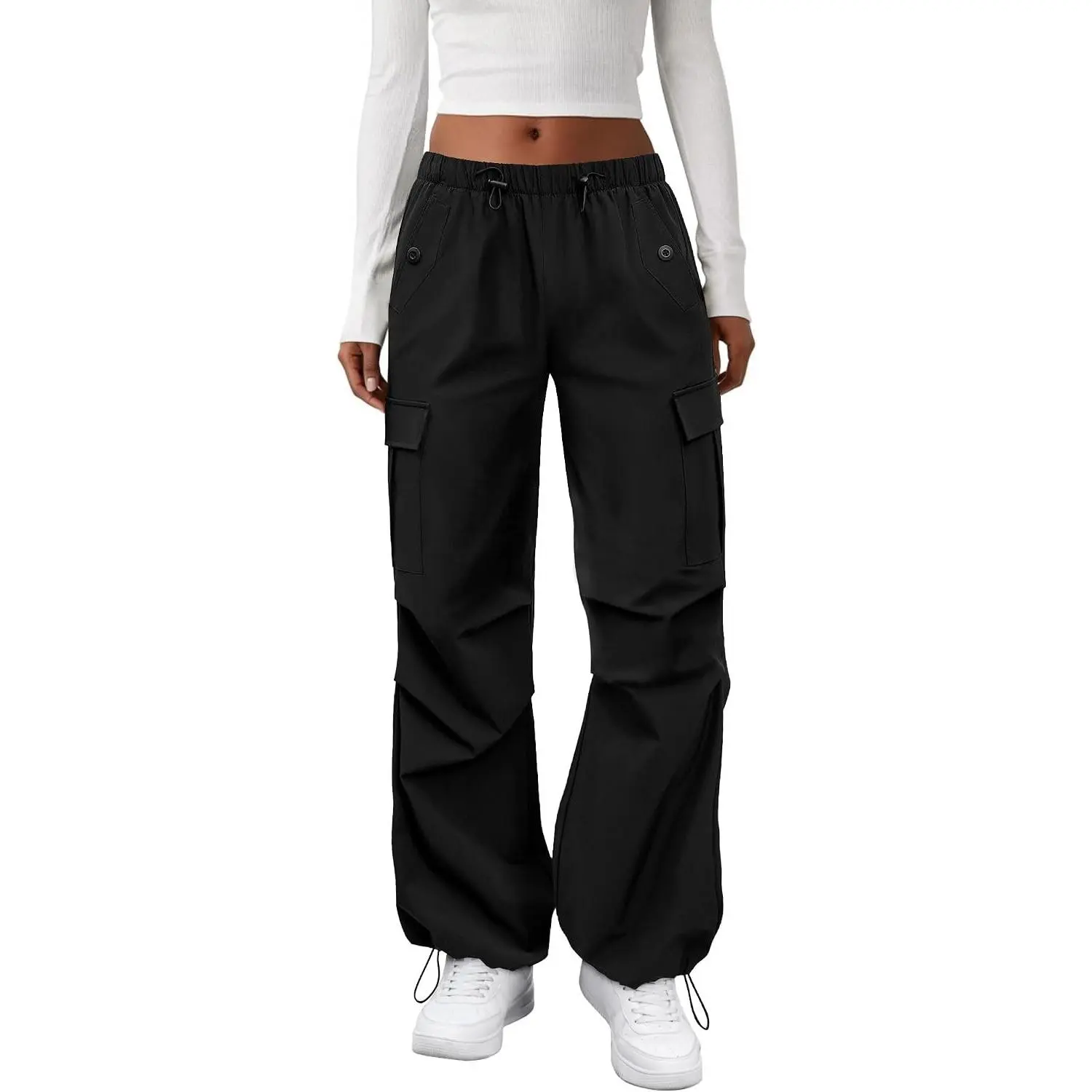 Women's Lightweight Water-Resistant Parachute Cargo Pants with Pockets, Elastic Waist, Baggy Fit for Hiking(Gift)