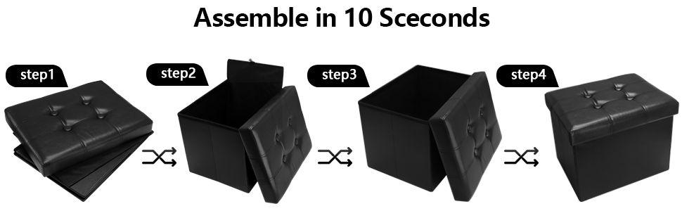 Storage Ottoman Folding Foot Rest Stool, Leather Footstool Bench, Short Ottoman Stool, Storage Foot Rest Store, Books (Black, 17" D x 13" W x 13" H)