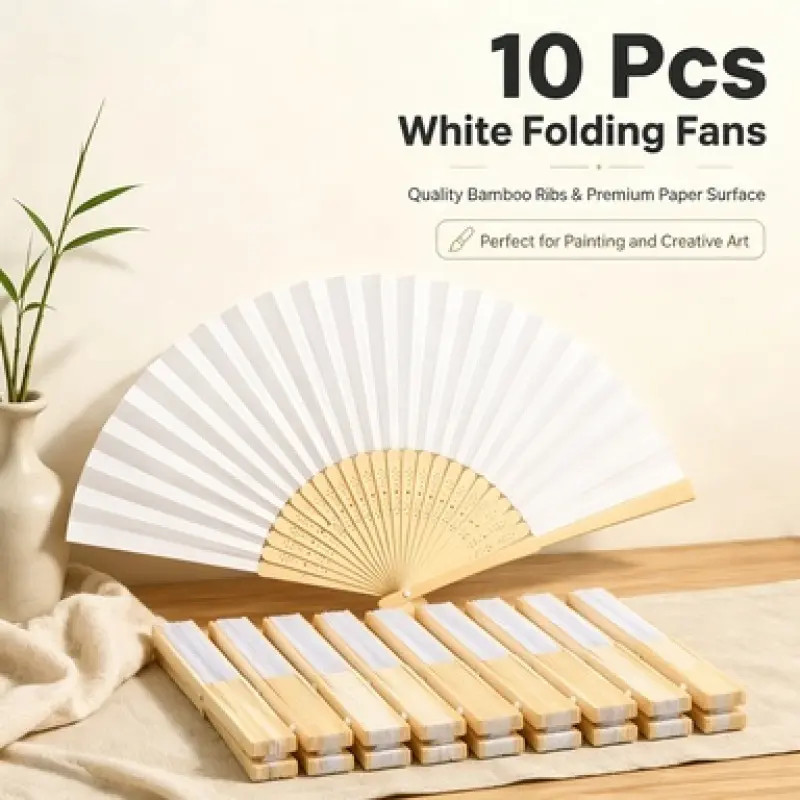 Bulk 10 Pack Blank Handheld Paper Folding Fans, Premium Bamboo Frame White Plain Fans, Ideal DIY Craft Supplies for Wedding Gifts, Party Decorations, Holiday Events and School Art Activities, Chinese Fan