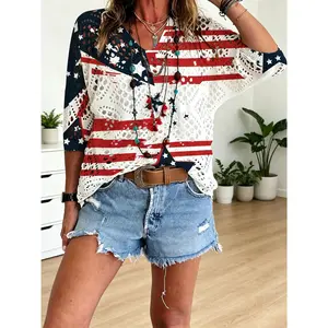 Womens V Neck Openwork Sweater American Flag Print Crochet Cover Up USA 250 Independence Day Patriotic Hollow Out Knit Pullover Summer Beachwear Lightweight Tops 2026