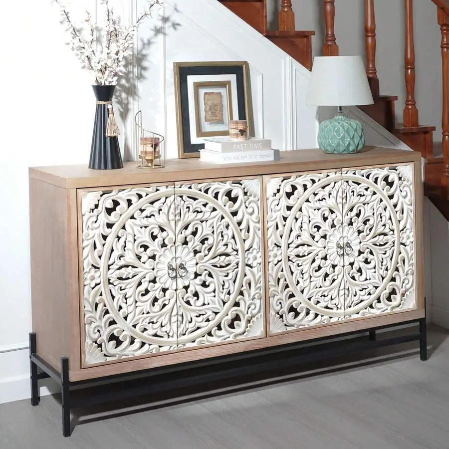 4 Door Wood Cabinet, Vintage Carved Wood 4-Door Cabinet With Metal Base Elegant Storage Sideboard Living Room, Bathroom,Entryway And