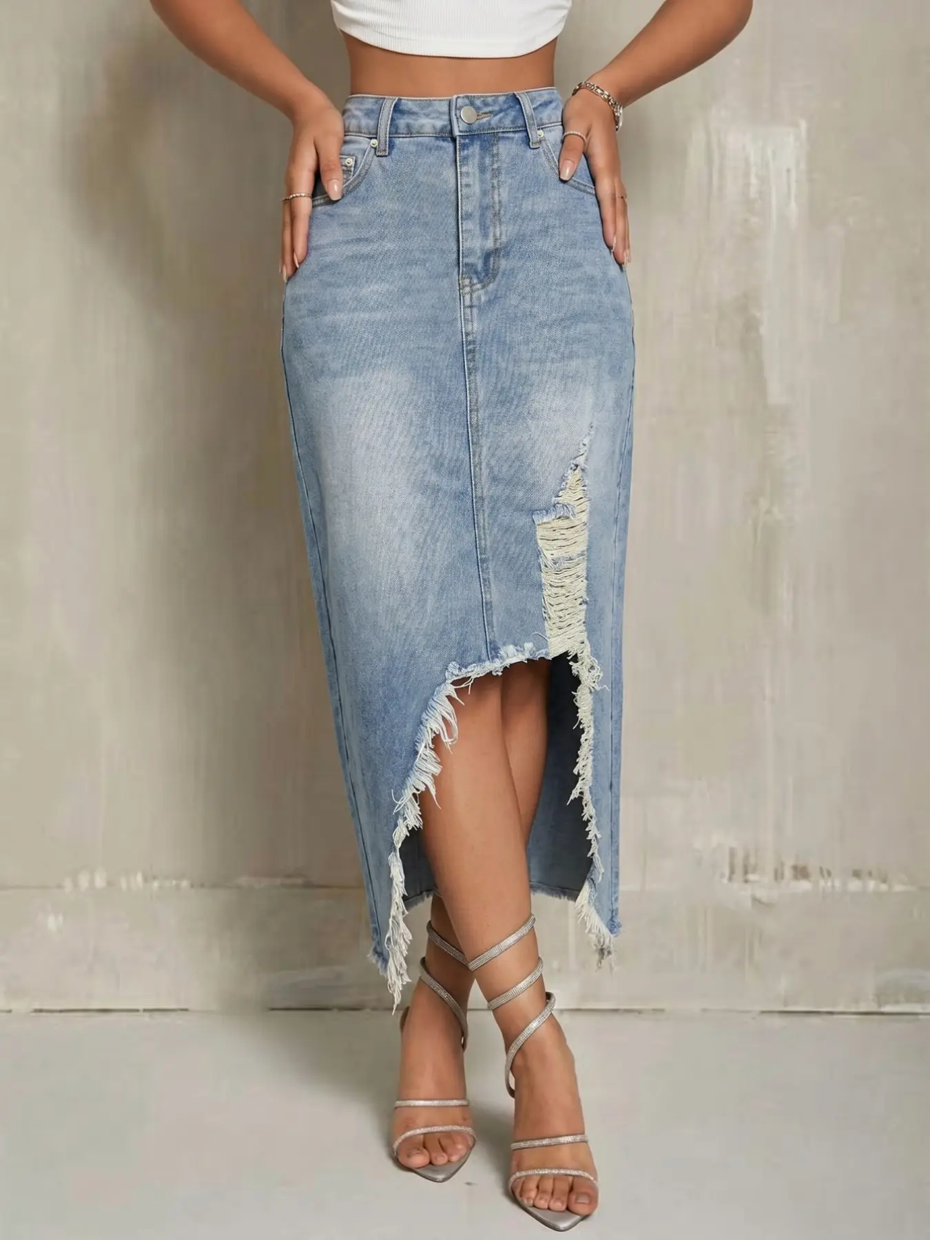Women's Denim Skirt, Bottom, Light Wash Ripped Hem High Waist Slim Fit, Sexy Midi Dress, All Seasons, Fashionable Ladies' Clothing