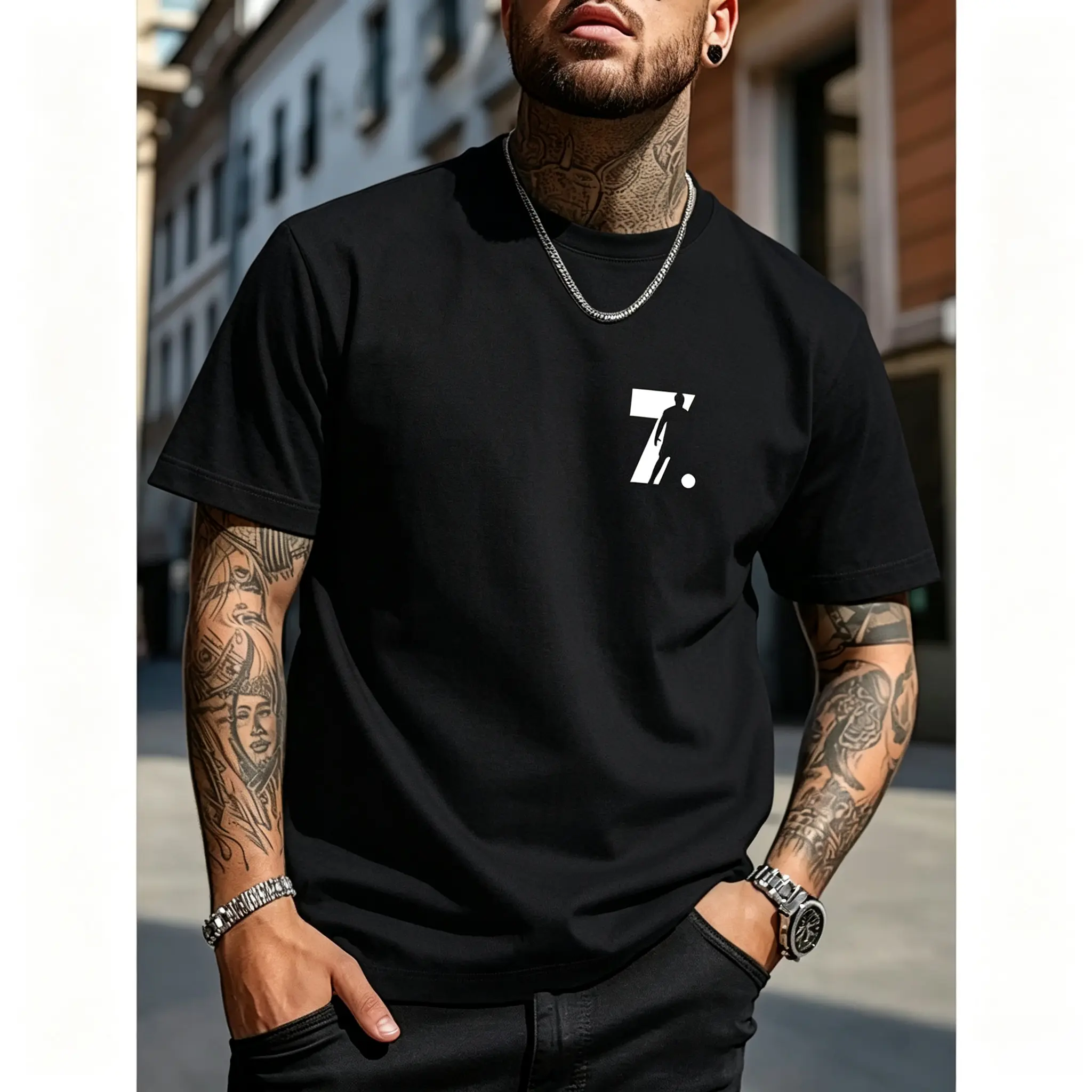 Number 7 Basketball Player Silhouette Graphic T-Shirt, Chest Print Crew Neck Short Sleeve Tee, Minimalist Basketball Athlete 7 Logo Casual Cotton Top, Trendy Sport Streetwear Shirt For Men Daily Athletic Outfit