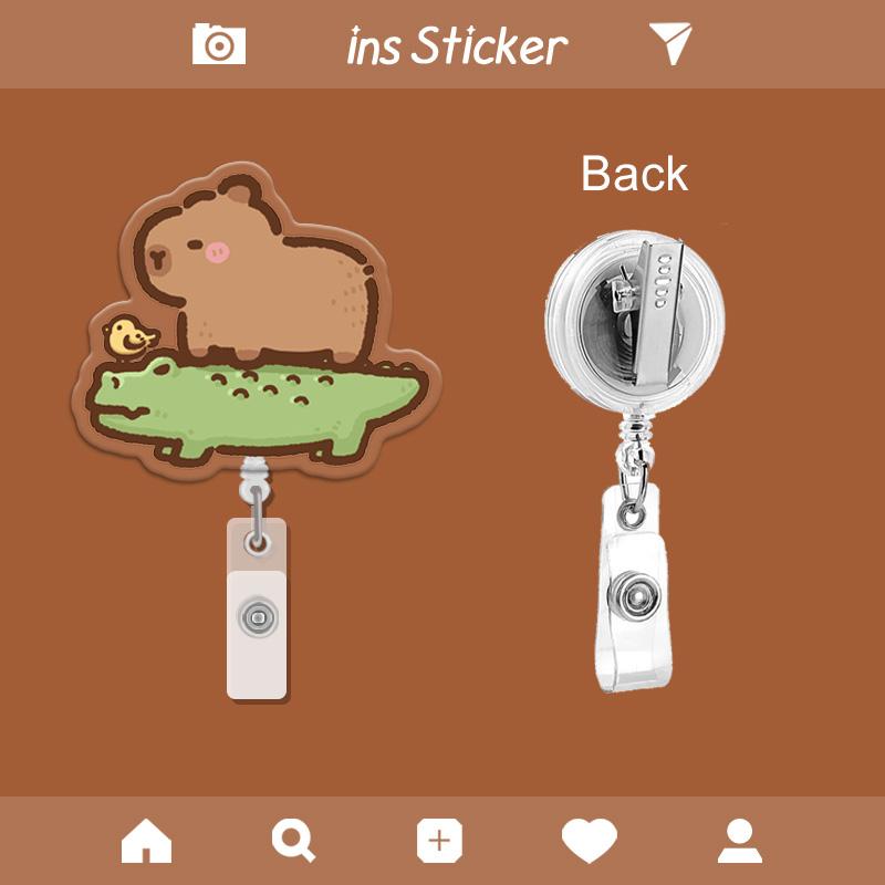 8-piece cartoon capybara badge reel, retractable, with rotating alligator clip, extendable badge clip, suitable for students, teachers, office workers (semi-transparent)