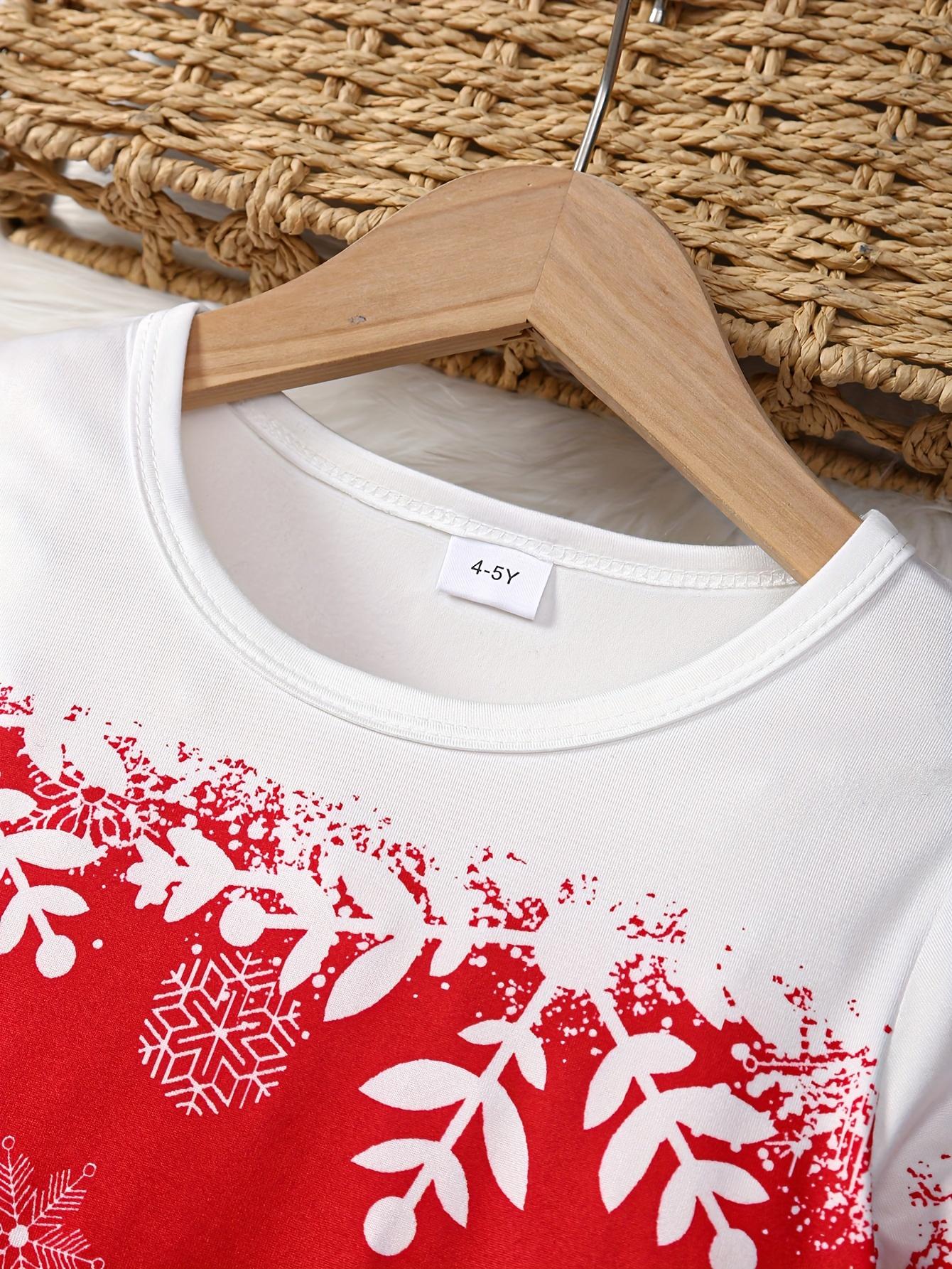 [Girls' Christmas Holiday Dress] Christmas Girls' Holiday Dress |         Long Sleeve, Round Neck, Stretchy Snowflake & Santa Print, Party Style, Polyester Knit, Regular Fit, All-Season