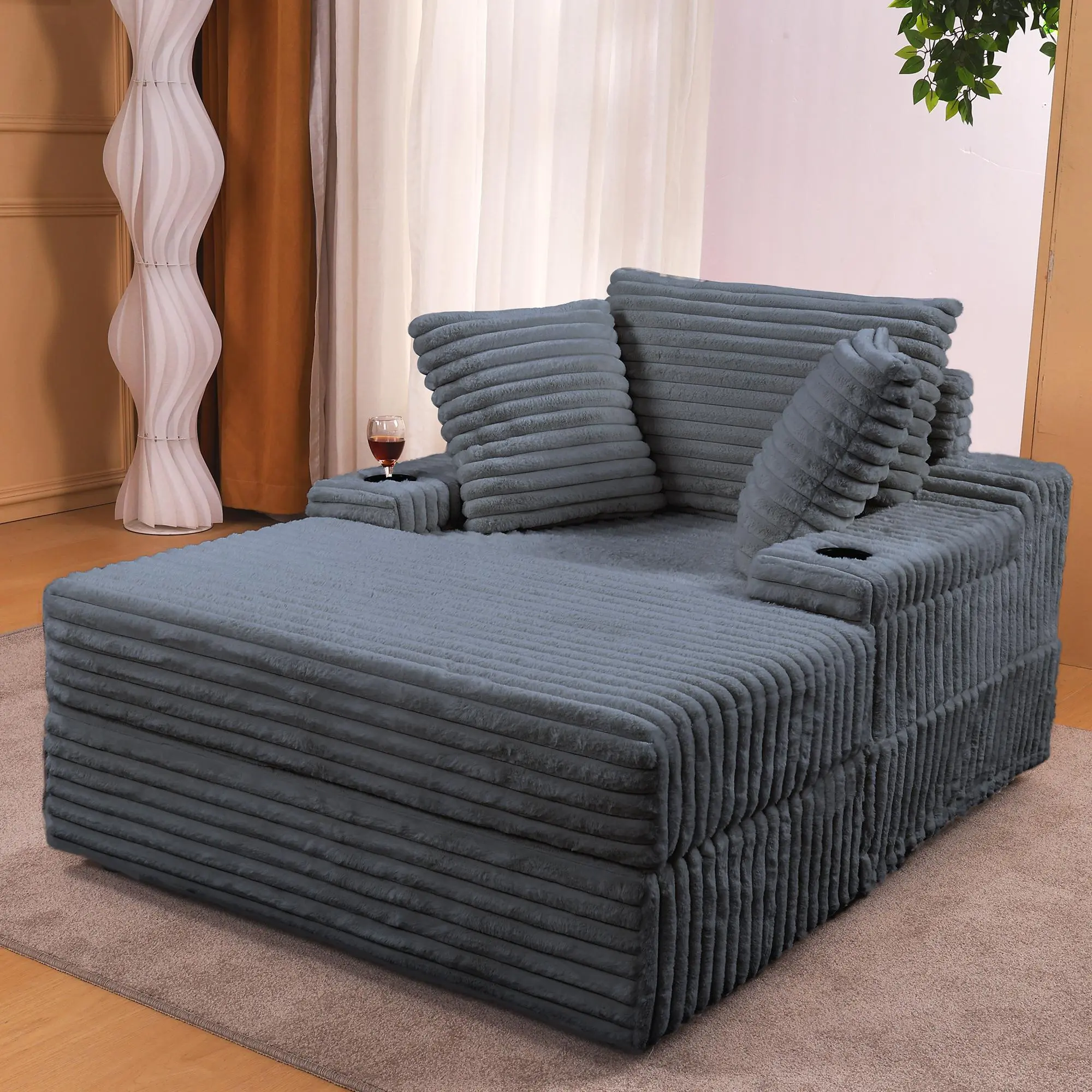 Oversized Corduroy Upholstered Chaise Lounge Chair with Double Arms & Storage Ottoman, Cloud-Like Comfort, Minimalist Modern Lounge Chair for Living Room, Bedroom