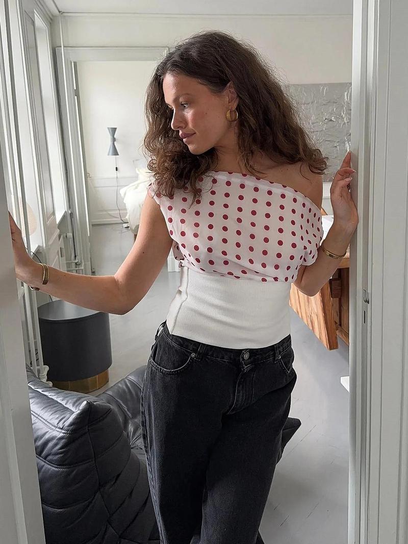 Women's Polka Dot Print Asymmetrical Neck  Crop Tee, Boho Chic Sleeveless, Elegant Fashion Casual  Top for Daily Outdoor Wear, Women Clothing for Summer