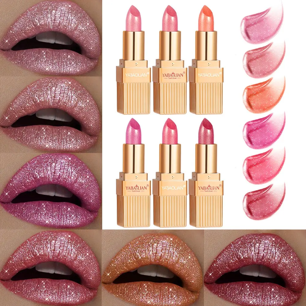 6Pcs Pinkish Golden Pearlescent Lipstick, Glossy Glitter Shimmer Creamy Lip Gloss, Beauty Gloss, Lip Gloss Balm, Long Wear Lip Makeup for Party Stage Cosplay, Perfect Valentine’s Day Gifts