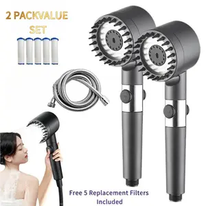 2-Pack Turbo High Pressure Shower Head with  Replaceable Filter Cartridges, 3 Spray Modes Handheld Showerhead with One-Button Water Stop, Extra Stainless Steel Hose & Wall Bracket, Soft Water Filter Shower for Hard Water Hair Skin Care Bathroom