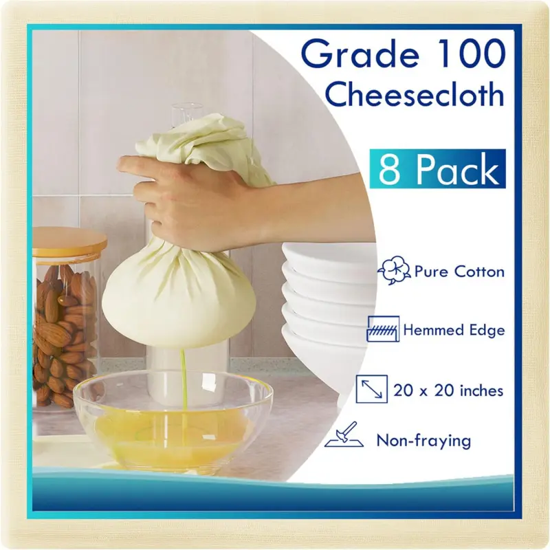 8 PCS Reusable Cheesecloth, Grade 100, 20x20 Inch Hemmed Cheese Cloth for Straining Craft, 100% Cotton Unbleached Cloth Strainer for Cooking, Baking, Juicing, Cheese Making