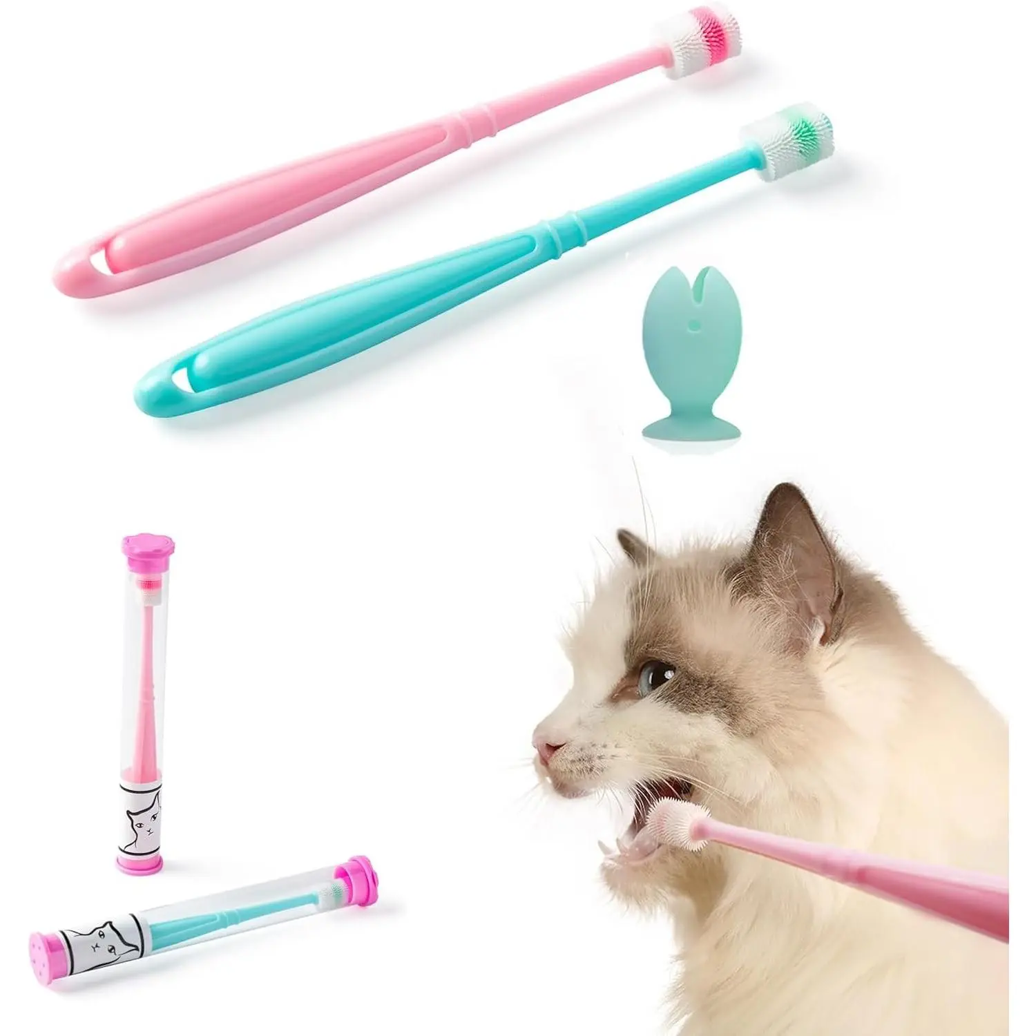 Small Dog & Cat Toothbrush 360 Degree Soft Silicone, Cat Dental Care, Toothbrush Holder, Easy to Handle, Independent Packaging, Suction Cup, Light Blue&Pink (2-Pack + Holder)